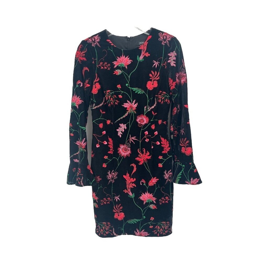 Aidan Mattox Black Velvet Floral Embroidered Dress Sz 6 Romantic Witchy Goth